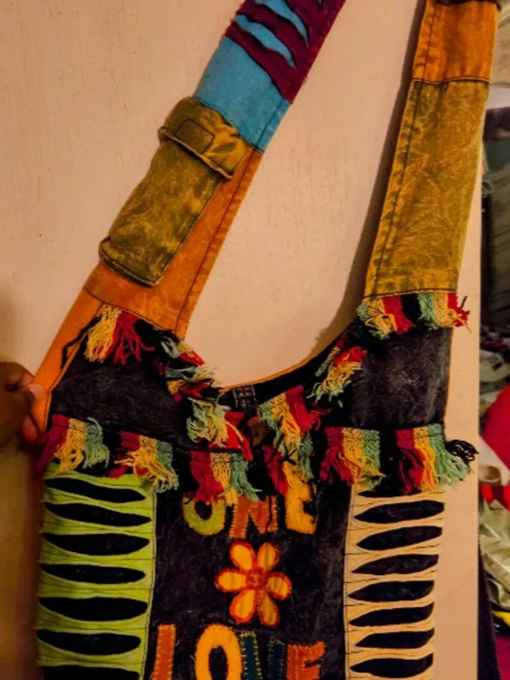 One Love Handmade Denim Hobo Crossbody Bag Patchwork Distressed Fringe Tote